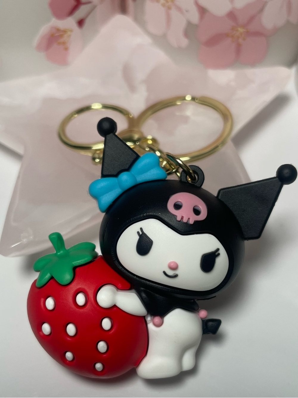 Kuromi Black & White Strawberry Keychain Plush Toy - Cute Blue Bow
